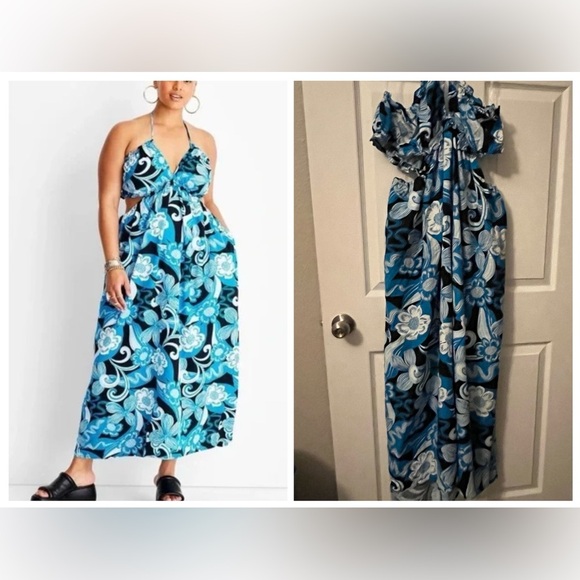 Future Collective Floral Halter Maxi Dress in Blue and White - Picture 1 of 6